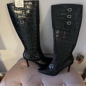 Ralph Lauren Black Croc-Patterned Heeled Boots